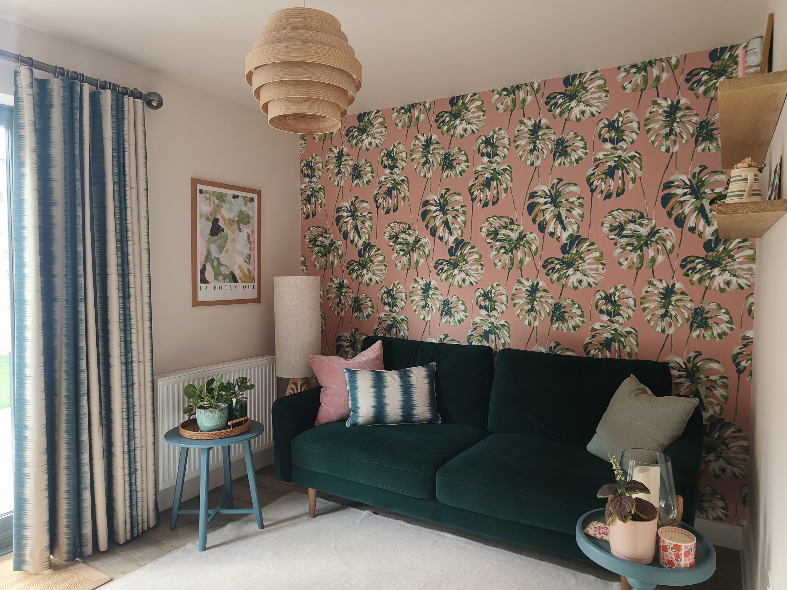 Family snug with botanical wallpaper