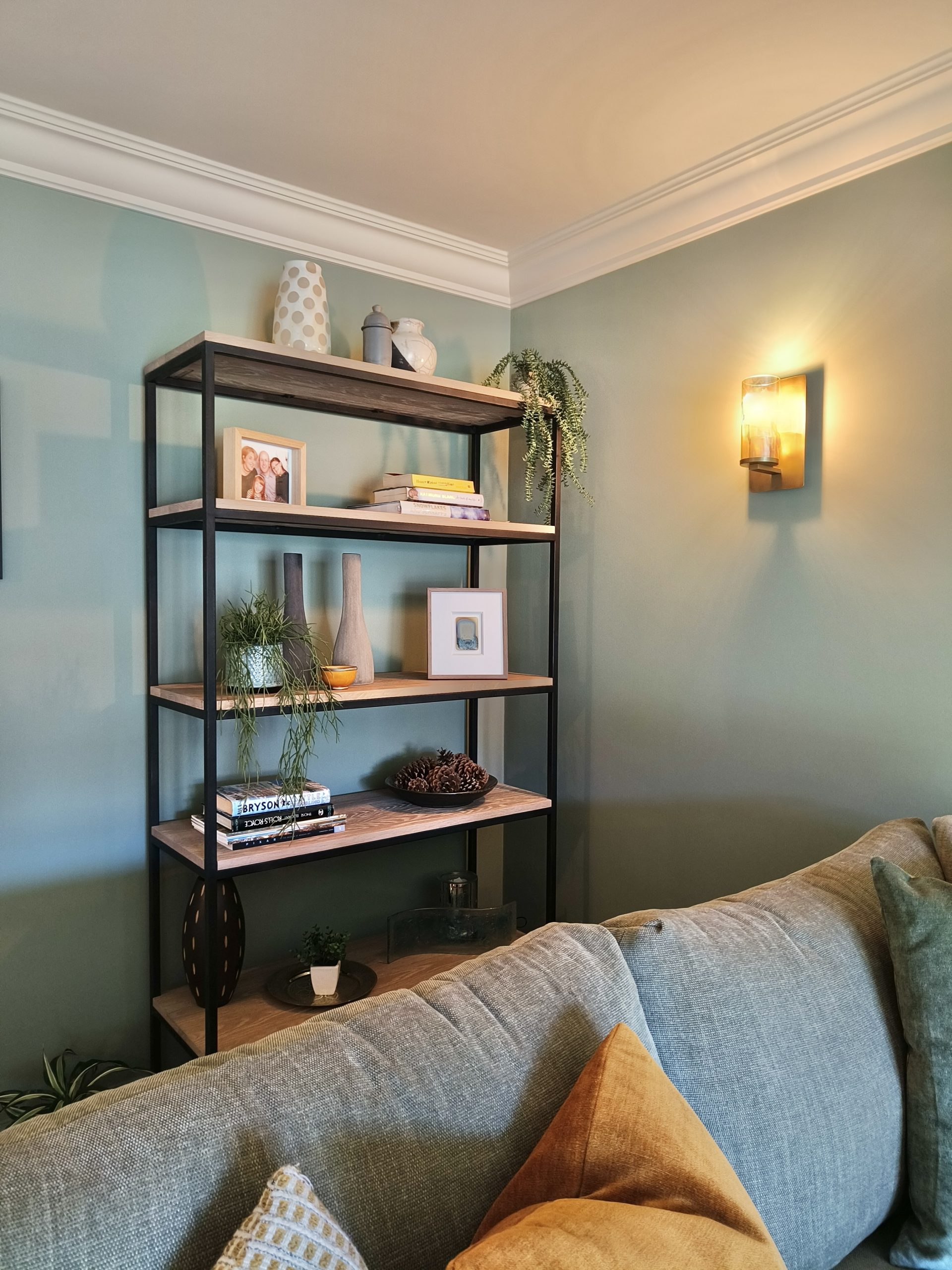 Industrial style bookcase in green living room